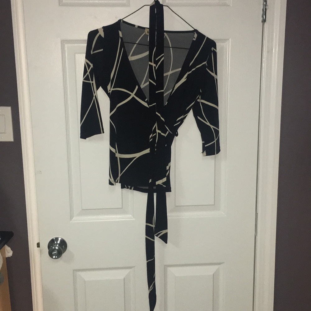 Faux Wrap Patterned Shirt with Belted Waist